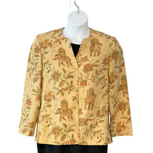 Talbots Petites 12P Dressy Jacket Button Front Elephant & Floral Print Tan Silk